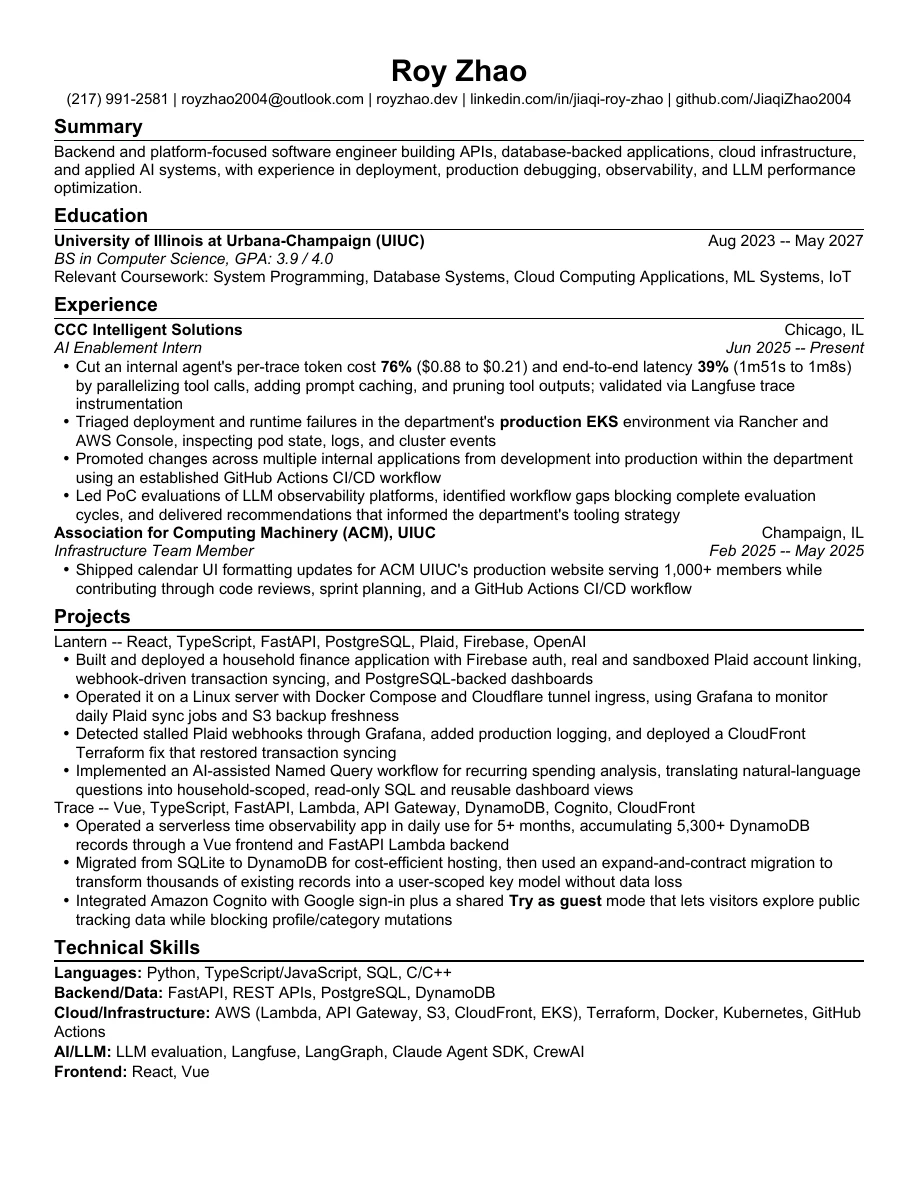 Preview of Roy Zhao's one-page resume